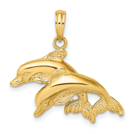 14k Yellow Gold Dolphin Pendant with Two Jumping Dolphins, Nautical Ocean Theme Charm