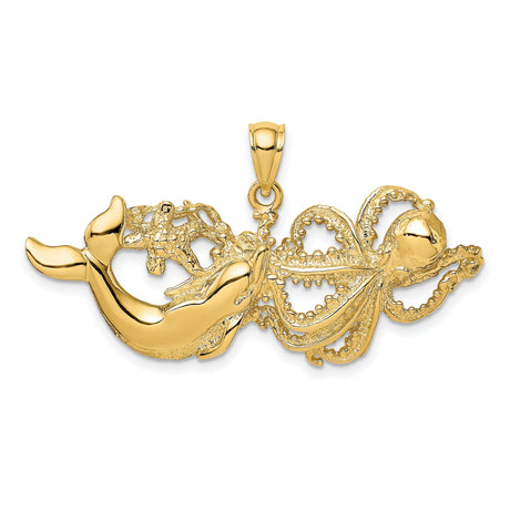 14k Yellow Gold Dolphin and Octopus Pendant, Ocean Theme Marine Life Jewelry for Women