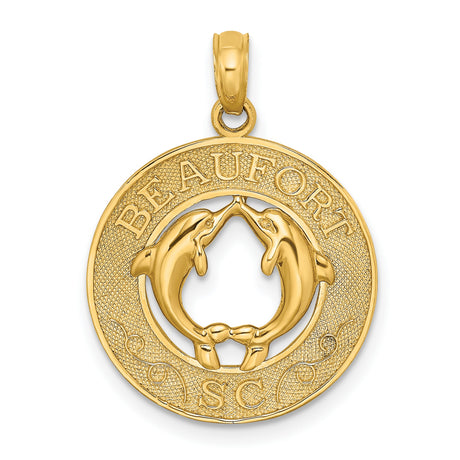 14k Yellow Gold Dolphin Heart Pendant with Beaufort SC Engraving, Coastal Marine Life Charm