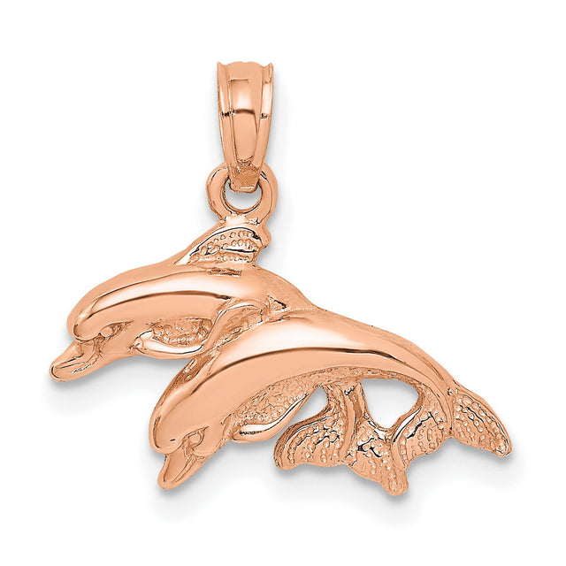 14k Rose Gold Dolphin Pendant with Two Dolphins, Ocean and Marine Life Theme