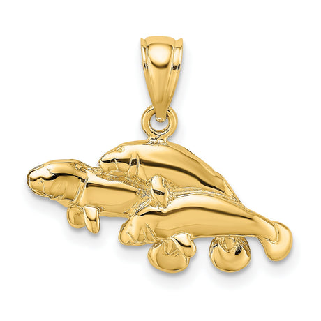14k Yellow Gold Manatee Pendant with Three Swimming Manatees, Sea Life Ocean Charm