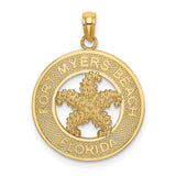 14k Yellow Gold Pendant, Textured Starfish Fort Myers Beach Florida Design, Nautical Sea Life Theme