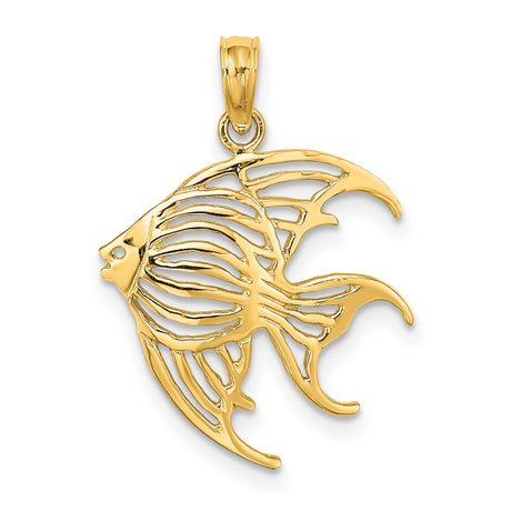 14k Yellow Gold Angelfish Pendant with Openwork Design, Nautical Marine Life Charm for Women