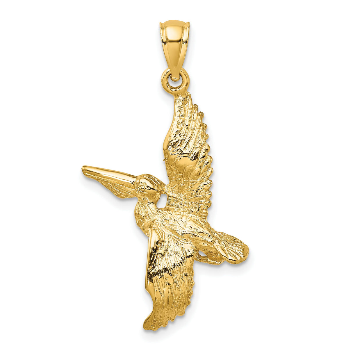 14k Yellow Gold Pelican Pendant with Flying Bird Design, Coastal Wildlife Charm