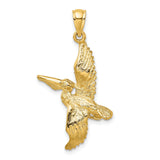 14k Yellow Gold Pelican Pendant with Flying Bird Design, Coastal Wildlife Charm