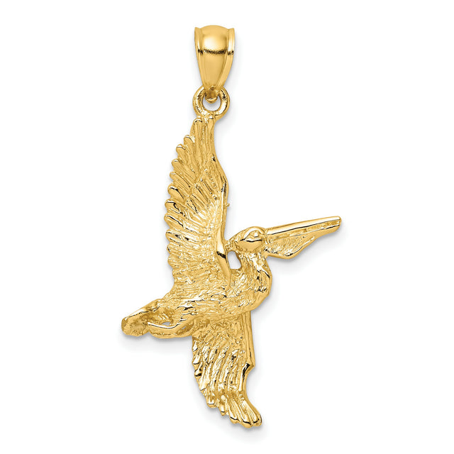14k Yellow Gold Pelican Pendant with Flying Bird Design, Coastal Wildlife Charm