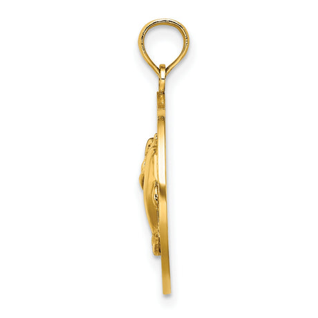 14k Yellow Gold Dolphin Pendant, Circle Charm with Two Dolphins, Nautical Ocean Theme