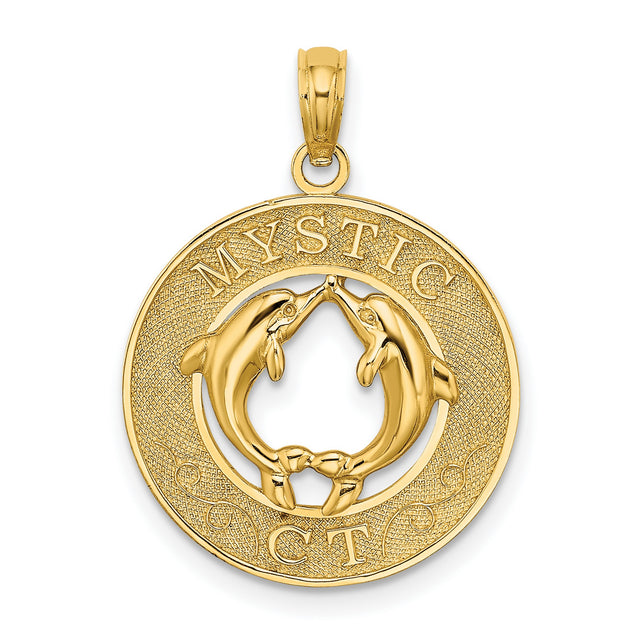 14k Yellow Gold Dolphin Pendant, Circle Charm with Two Dolphins, Nautical Ocean Theme