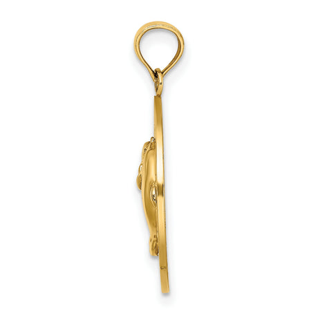 MIAMI BEACH Round Frame Dolphins Charm Pendant in Real 14k Yellow Gold