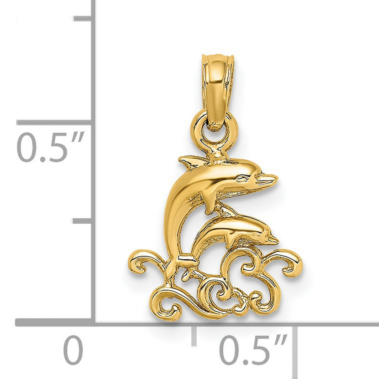 14k Yellow Gold Dolphin Pendant with Double Dolphin and Ocean Wave Design