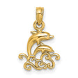 14k Yellow Gold Dolphin Pendant with Double Dolphin and Ocean Wave Design