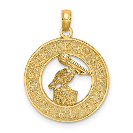 14k Yellow Gold Pendant, Pelican on Piling Design, Lauderdale by the Sea Coastal Theme