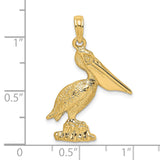 14k Yellow Gold Pelican Pendant, Detailed Coastal Bird Standing on Rock, Nautical Wildlife Charm