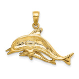 14k Yellow Gold Dolphin Pendant, Mother and Baby Design, Nautical Ocean Theme Jewelry