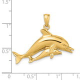 14k Yellow Gold Dolphin Pendant, Mother and Baby Design, Nautical Ocean Theme Jewelry