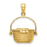 14k Yellow Gold Picnic Basket Pendant with Movable Handle and Clasp Detail