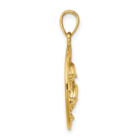 14k Yellow Gold Dolphin Pendant with Two Dolphins in Circle Ocean Wave Design