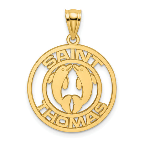 14k Yellow Gold Dolphin Pendant with Saint Thomas Text, Nautical Ocean Life Charm