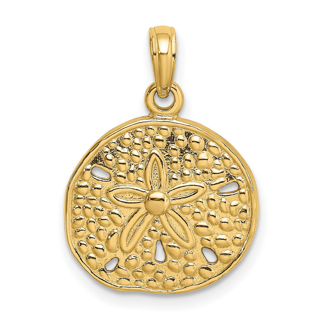 14k Yellow Gold Sand Dollar Pendant, Textured Nautical Beach Charm for Women