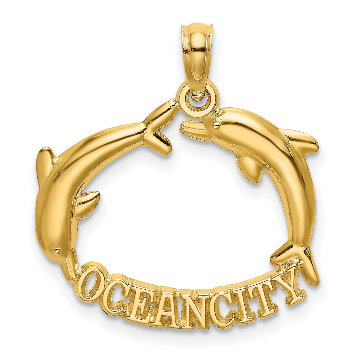 14k Yellow Gold Dolphin Circle Pendant with Two Dolphins and Nautical Symbol