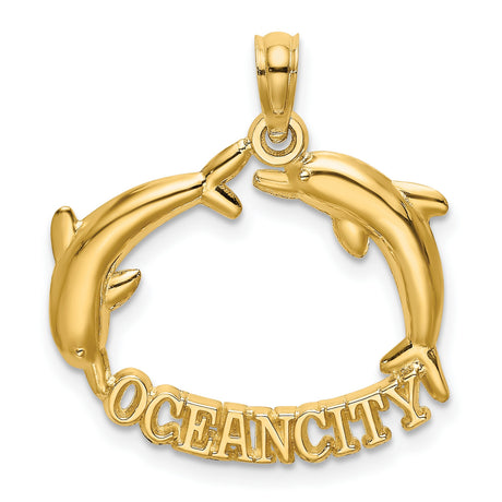 14k Yellow Gold Dolphin Circle Pendant with Two Dolphins and Nautical Symbol