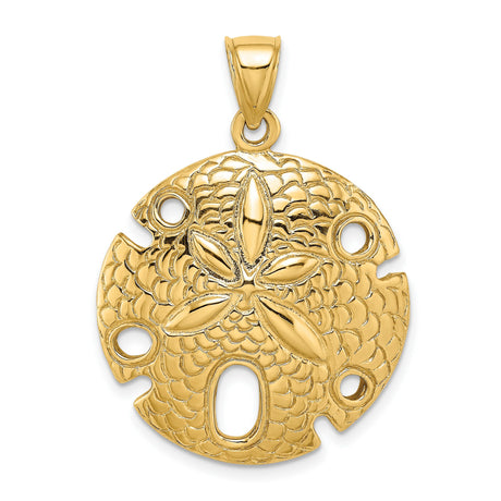 14k Yellow Gold Sand Dollar Pendant with Five Petal Cutout, Textured Nautical Charm