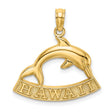 14k Yellow Gold Dolphin Pendant with Bold Hawaii Lettering, Tropical Ocean Charm