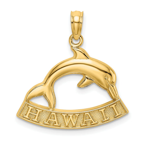 14k Yellow Gold Dolphin Pendant with Bold Hawaii Lettering, Tropical Ocean Charm