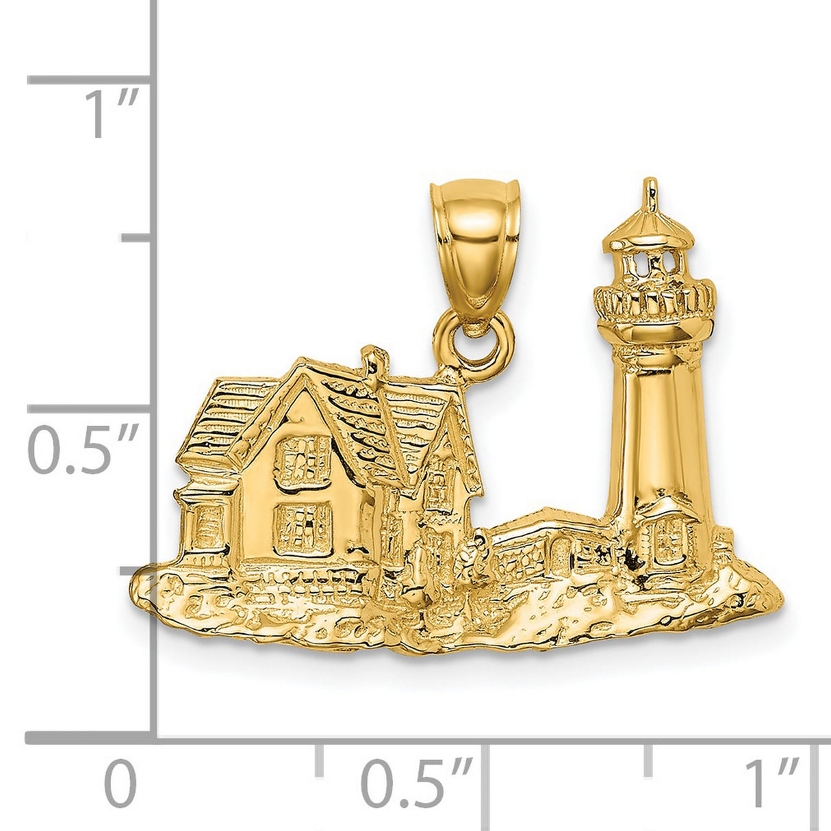 14k Yellow Gold Pendant, Lighthouse and Cottage Scene, Nautical Coastal Theme for Women