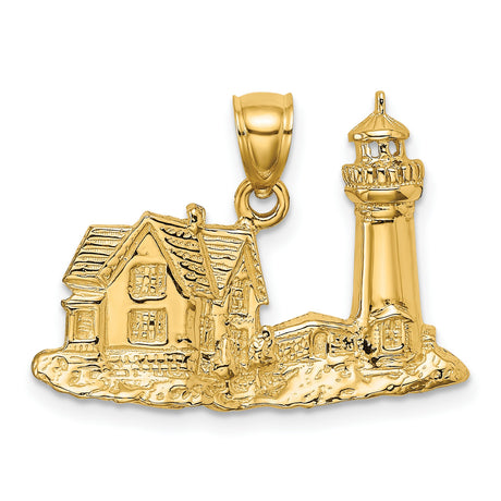14k Yellow Gold Pendant, Lighthouse and Cottage Scene, Nautical Coastal Theme for Women