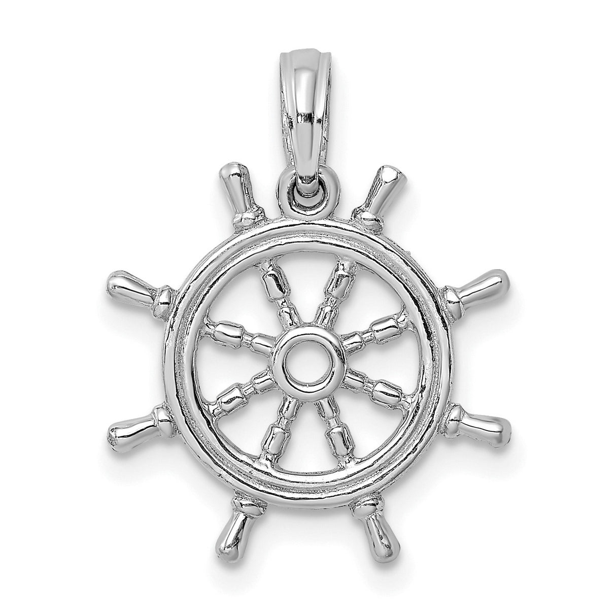 14k White Gold Nautical Ship Wheel Pendant, Polished Finish, Maritime Theme for Men and Women