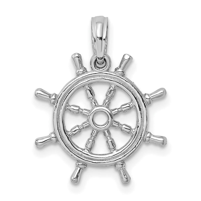 14k White Gold Nautical Ship Wheel Pendant, Polished Finish, Maritime Theme for Men and Women