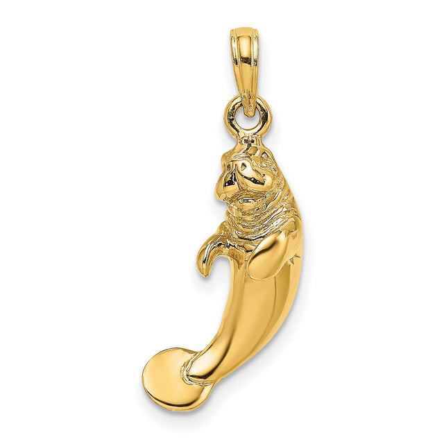 14k Yellow Gold Manatee Pendant, Detailed Sea Cow Charm, Nautical Marine Life Jewelry
