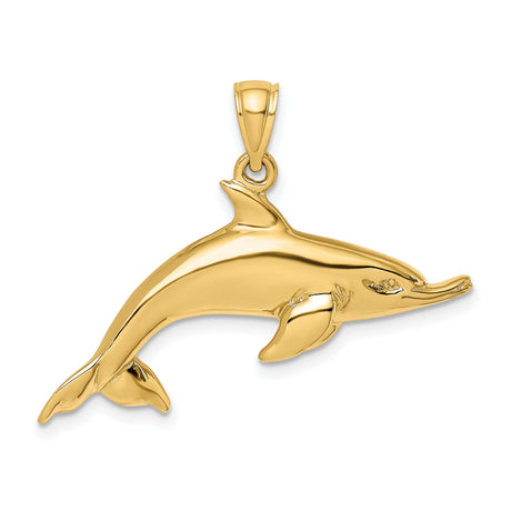 14k Yellow Gold Dolphin Pendant, Leaping Ocean Animal Charm for Women