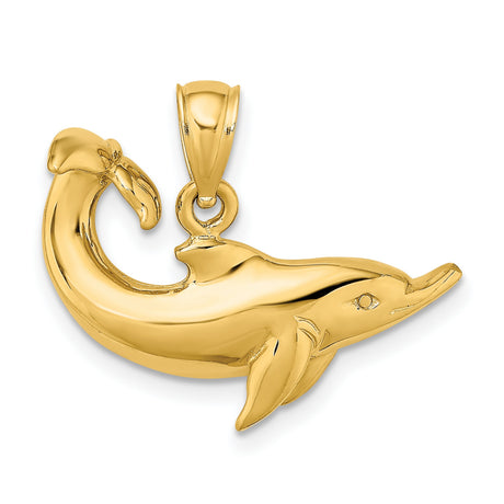 14k Yellow Gold Dolphin Pendant, Jumping Dolphin Design, Nautical Ocean Theme Charm