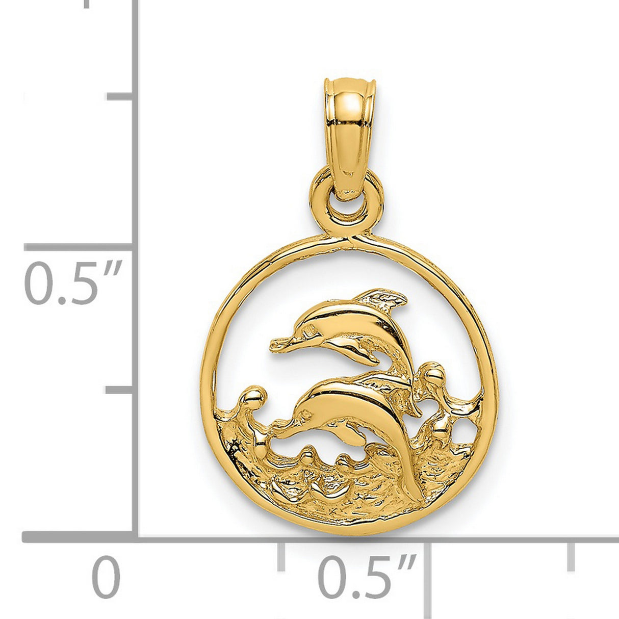 14k Yellow Gold Circle Pendant with Jumping Dolphins and Ocean Wave Design