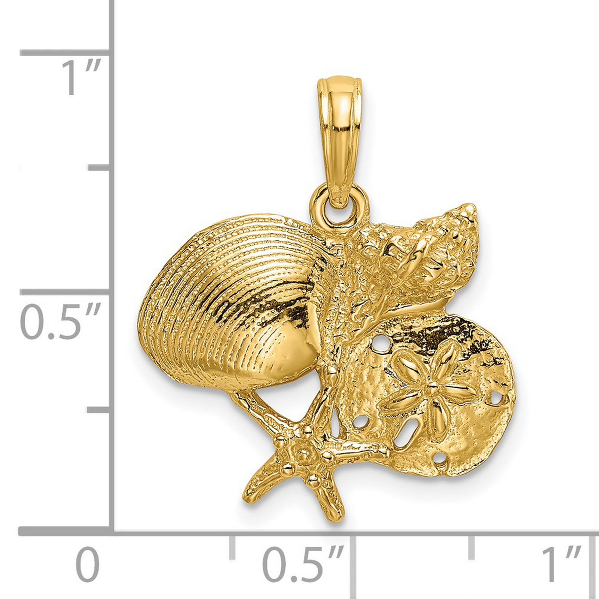 14k Yellow Gold Pendant with Starfish, Sand Dollar, Seashells, and Conch Shell