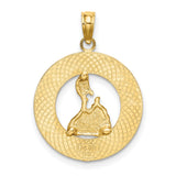14k Yellow Gold Block Island Pendant with Rhode Island Map Outline and Textured Frame