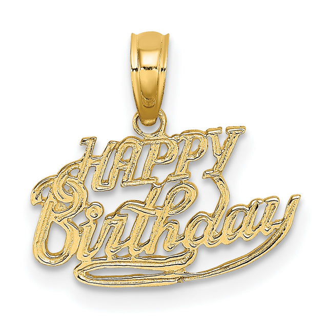 14k Yellow Gold Happy Birthday Pendant, Script Message Charm for Women