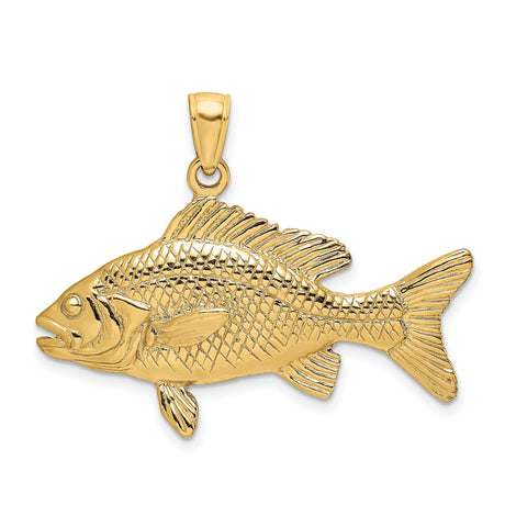 14k Yellow Gold Fish Pendant with Detailed Bass Design, Realistic 3D Fishing Jewelry for Men or Unisex