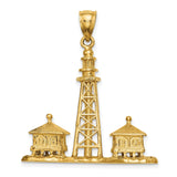 14k Yellow Gold Lighthouse Pendant with Textured Coastal Scene and Houses