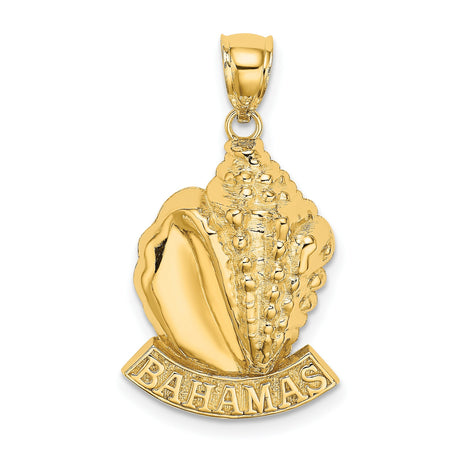 14k Yellow Gold Conch Shell Pendant with Bahamas Word, Nautical Beach Charm