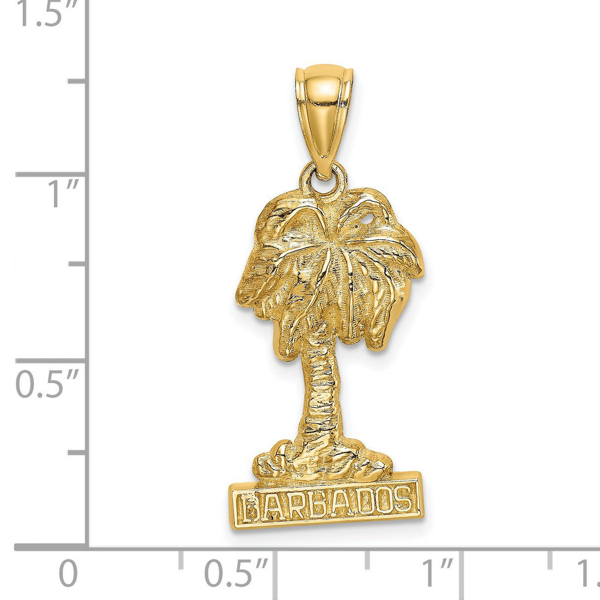 14k Yellow Gold Palm Tree Pendant with Barbados Inscription, Tropical Travel Charm