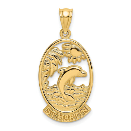 14k Yellow Gold Pendant with Dolphin, Sun and Palm Tree, St Maarten Travel Charm