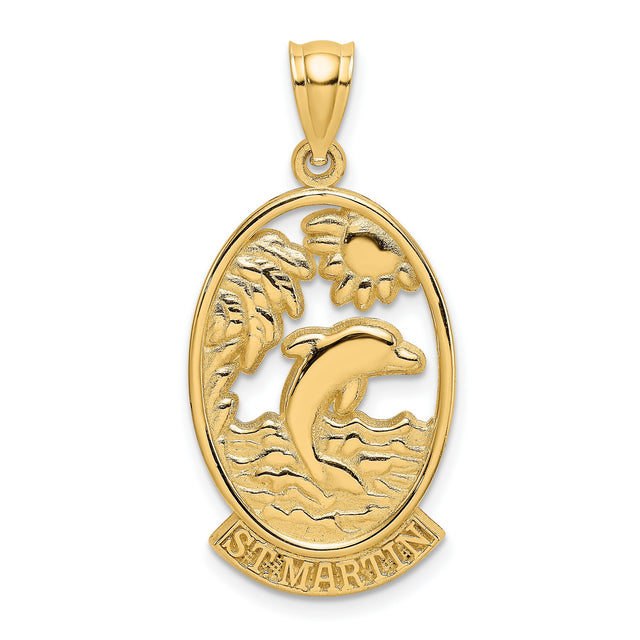 14k Yellow Gold Pendant with Dolphin, Sun and Palm Tree, St Maarten Travel Charm