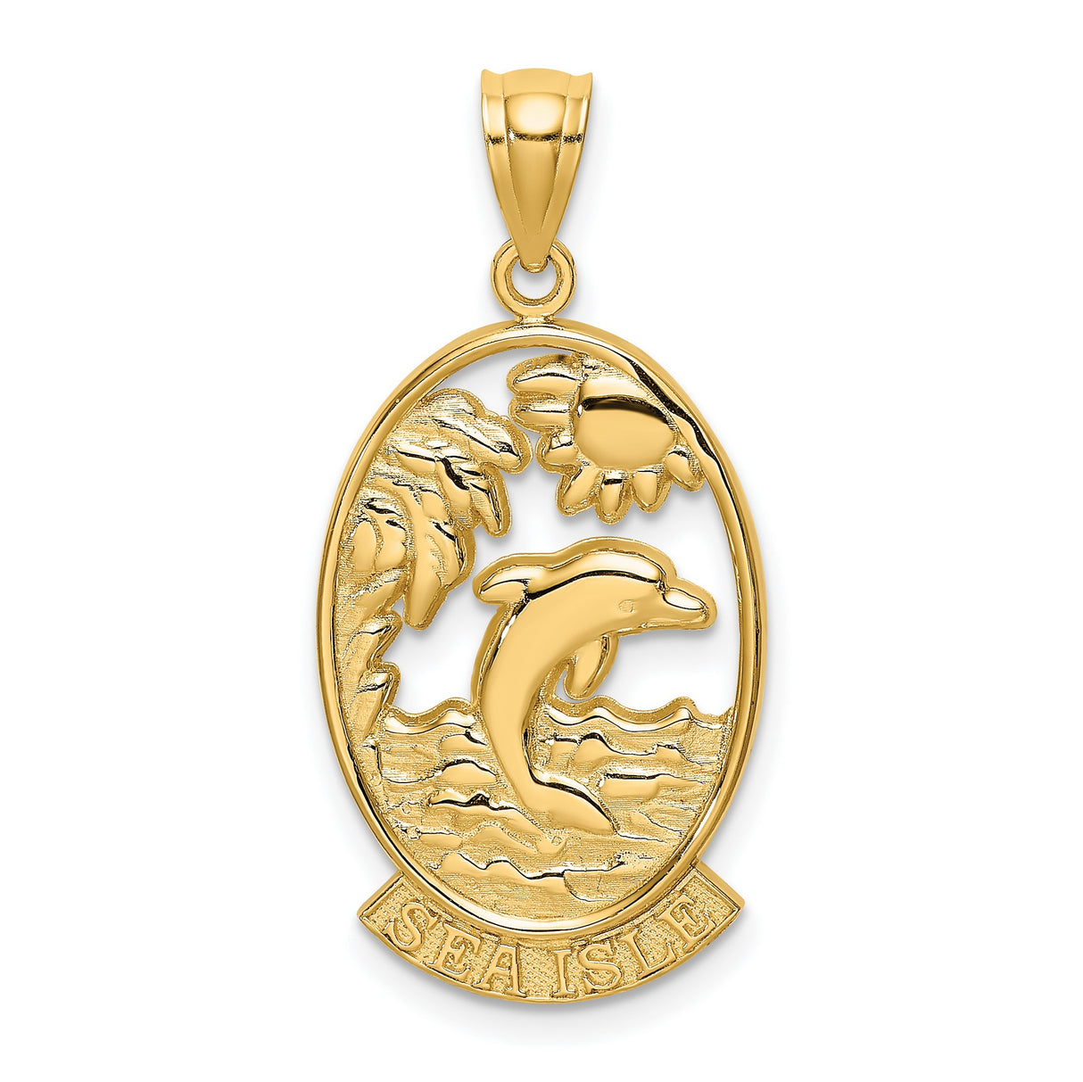 14k Yellow Gold Pendant with Jumping Dolphin, Palm Tree, Sun and Sea Isle Design