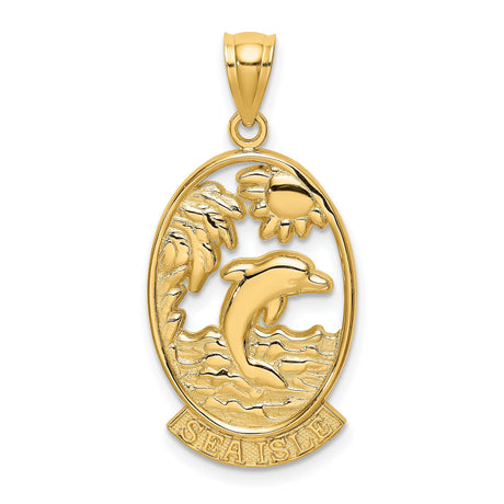 14k Yellow Gold Pendant with Jumping Dolphin, Palm Tree, Sun and Sea Isle Design