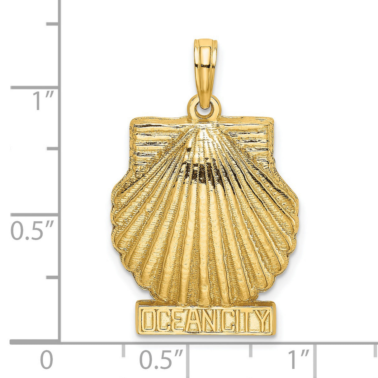 14k Yellow Gold Ocean City Pendant with Text and Scallop Shell Charm, Nautical Coastal Jewelry