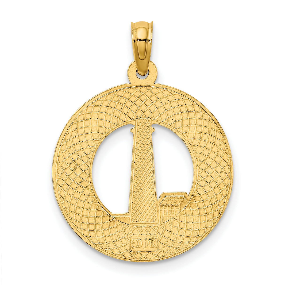 Cape May Words with Lighthouse in Round Penny Size Charm Pendant in Real 14k Yellow Gold