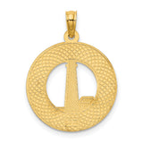 Cape May Words with Lighthouse in Round Penny Size Charm Pendant in Real 14k Yellow Gold